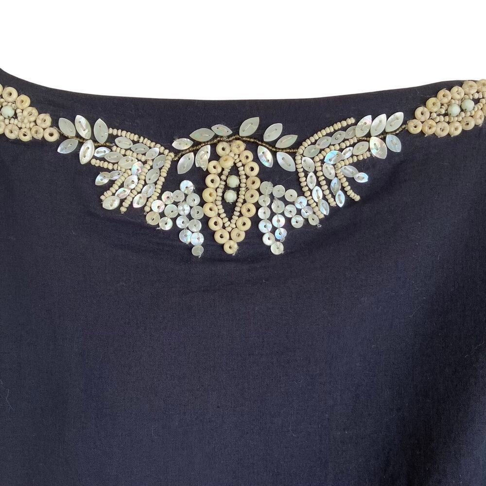 All Saints Sz 8 Dana Top Boho Beaded Peasanst Blouse Tie Neck Black Cream Cotton - Picture 9 of 16